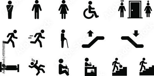 Human activity and accessibility icon set including people walking running elderly wheelchair escalator restroom directions sleeping falling cooking vector silhouette symbols