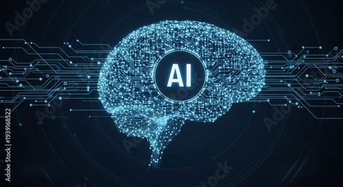A futuristic vector graphic illustration of a brain with AI technology and circuit board design