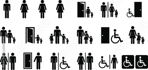 Restroom family and accessibility icon set male female parents children wheelchair entrance door public toilet symbols black silhouette vector collection