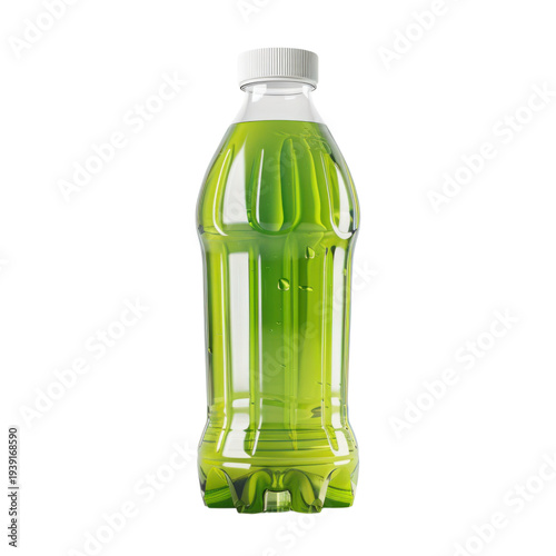 Green Plastic Beverage Bottle with White Cap, Front View isolated on Transparent Background