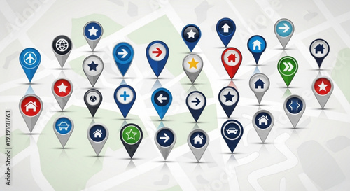 A collection of colorful map pin icons on a subtle map background