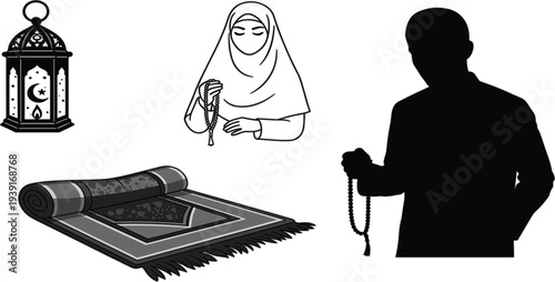 Islamic Worship Symbols Set with Lantern, Prayer Mat and Tasbih, Minimal Black and White Vector Illustration