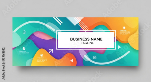 A colorful abstract banner with a white text box for a business name and tagline