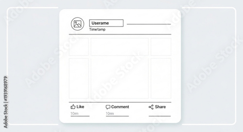 A minimalist vector graphic of a social media post template with a username, timestamp, and engagement buttons