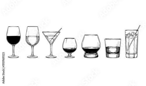 Vintage Ink Sketch Set of Wine Cocktail Cognac Whiskey and Vodka Glasses