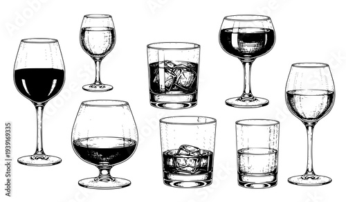 Ink Hand Drawn Beverage Glasses Collection Wine Cocktail Cognac Whiskey Vodka