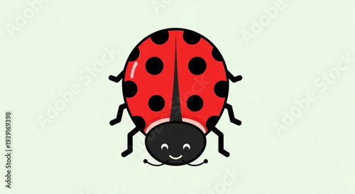 A cute cartoon ladybug with a smiling face on a pale green background