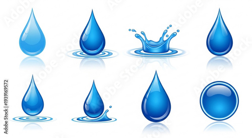 A set of blue water droplets in various shapes and sizes, including splashes and ripples, on a white background