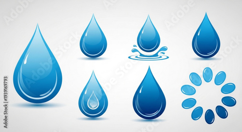 A set of blue water drop icons in various shapes and sizes for design and illustration purposes