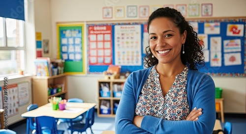 A smiling African-American female teacher stands confidently in her classroom. She is wearing a blue cardigan over a floral patterned blouse.