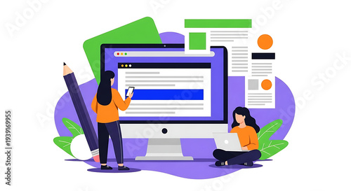 Two people are collaborating on a computer illustration with documents and a large pencil nearby in an office setting.