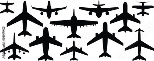Flat vector airplane silhouette illustration, twelve aircraft top view grid, commercial airliners military jets small planes aviation design collection