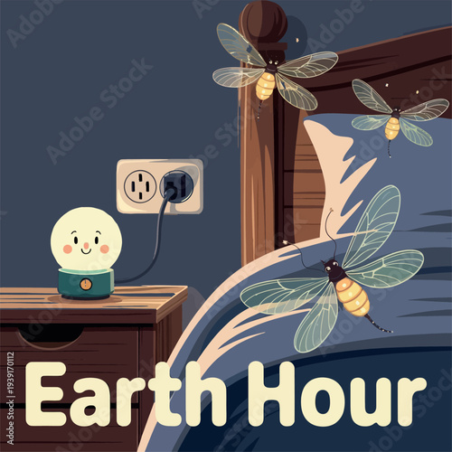 Earth Hour Campaign with Cute Light Bulb and Fireflies for Environmental Awareness