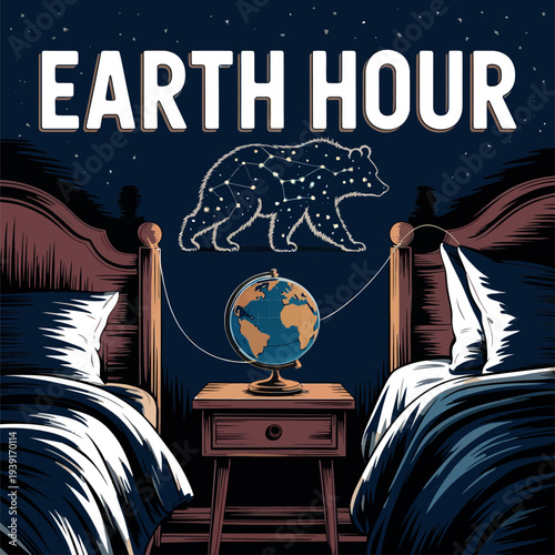Earth Hour Campaign with Bear and Starry Sky Above Globe for Environmental Awareness