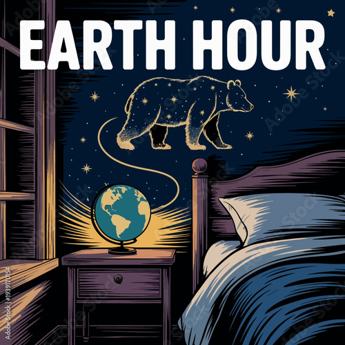 Earth Hour Campaign with Bear and Starry Sky Above Globe for Environmental Awareness