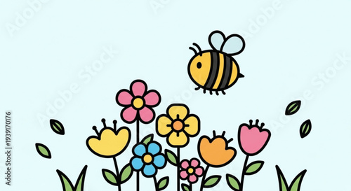 A colorful cartoon bee flying over a vibrant bouquet of flowers in a playful illustration