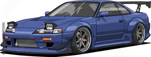 A high-performance blue sports car with a sleek design and aerodynamic features is viewed from the front at a slight angle.