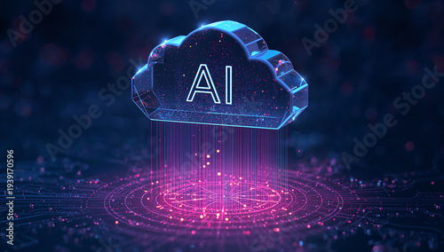 Cloud and edge computing technology data transfer concept. A large cloud icon is in the center, Ai Brain Cloud Big data, network, Science and futuristic concept