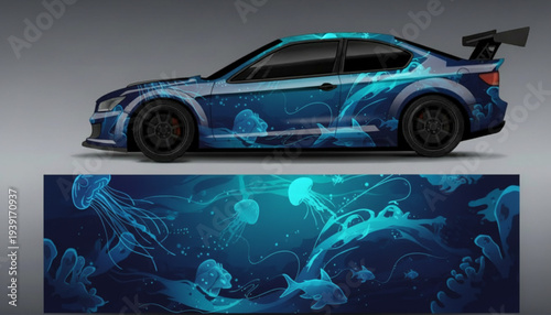 A blue sports car with an elaborate underwater-themed wrap featuring jellyfish and marine life, displayed alongside the detailed graphic design.