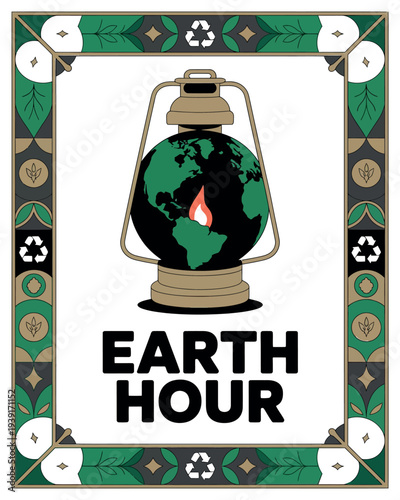 Earth Hour Lantern with Earth Globe and Green Frame Illustration