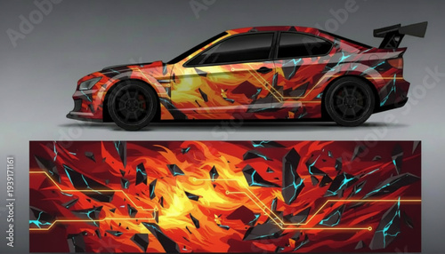 Custom sports car with a vibrant fiery abstract vinyl wrap design and a separate view of the full graphic pattern.