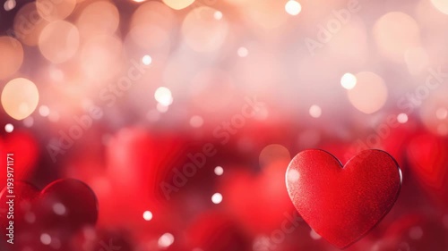 Soft red hearts float in warm bokeh glow. One heart glows brightly against blurred background. Gentle light dances around each shape. Romantic ambiance radiates from every frame