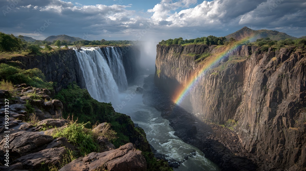 Fototapeta premium Spectacular breathtaking views of massive Victoria Falls, millions of gallons of white water cascading down a sheer dramatic rocky cliffs.