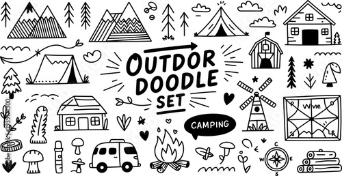 Black and white collection of hand-drawn outdoor adventure and camping doodle elements, including tents, mountains, cabins, and trees, presented as a design resource set.