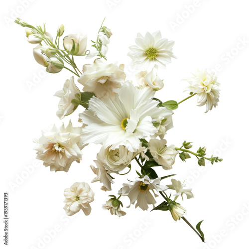 White floral bouquet with roses and wildflowers isolated on Transparent Background