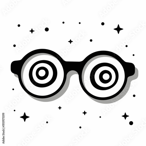 Round black framed novelty glasses featuring concentric target circles inside the lenses float against a white background with scattered stars and dots.