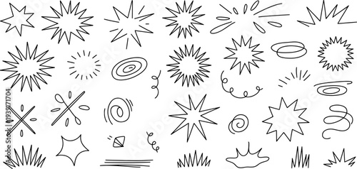 Various hand-drawn starbursts, comic explosion shapes, scribbled spirals, and messy line effects are grouped together as dynamic visual accents on white.