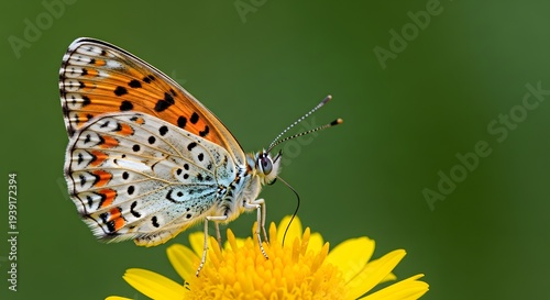 A beautiful butterfly perched on a bright yellow flower in nature