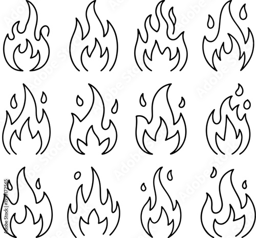 Twelve distinct black and white outline icons depicting various stylized flames in a grid arrangement suitable for graphic design elements.