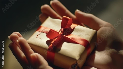Warm light bathes hands holding gift. Red ribbon ties elegant package. Soft focus draws attention to gesture. Tender moment captured in close-up. Gentle fingers cradle wrapped present