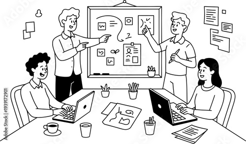 Four diverse colleagues actively collaborate around a table during a meeting, pointing at diagrams on a whiteboard displaying creative project planning.