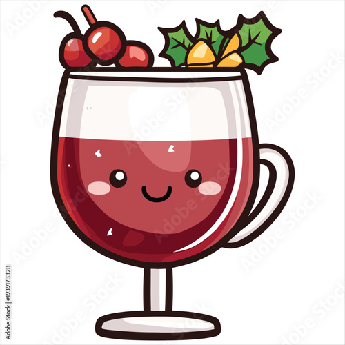 Cartoon illustration of a smiling mug with whipped cream and candy cane