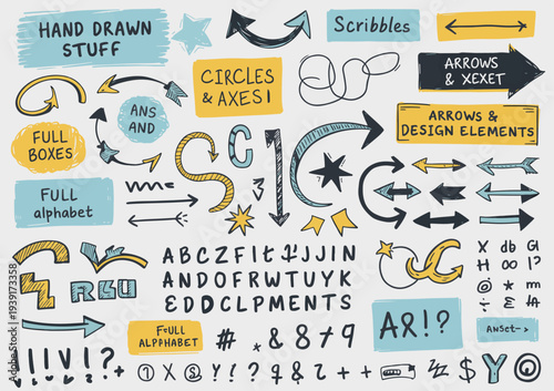 Hand drawn graphic resource compilation features numerous chaotic arrows, decorative text boxes, abstract scribbles, and scattered alphabet characters for design use.