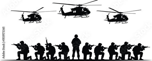 Military soldiers with rifles and helicopters silhouettes, army combat team vector illustration set