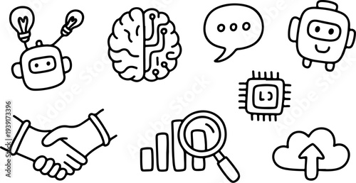 Doodle icons representing artificial intelligence, machine learning concepts, data analysis, and business collaboration are sketched on a white background.