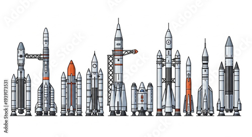 Collection of various rockets and spacecraft lined up.