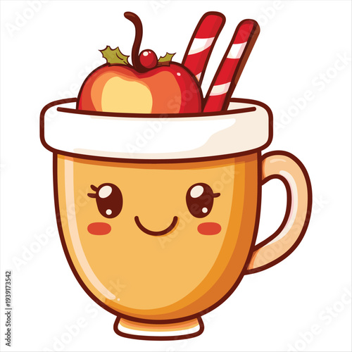 Cute cartoon mug with apple and candy canes on white background