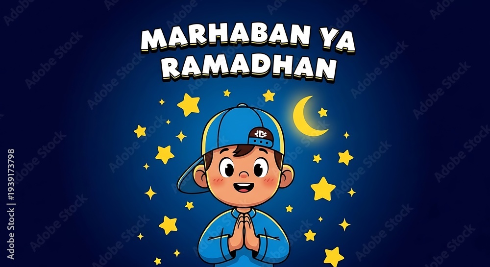 Fototapeta premium Cartoon boy celebrating Ramadan with stars and moon