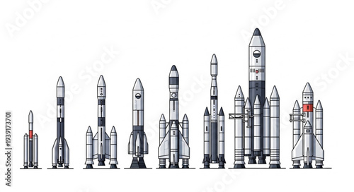 Collection of various rockets and spacecraft lined up in order of size.