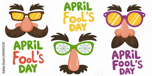 Three sets of novelty disguise glasses featuring fake mustaches and noses are displayed alongside colorful text celebrating April Fool's Day.