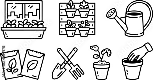 Set of simple line drawings representing various gardening activities including seed packets, tools, planters, and watering.
