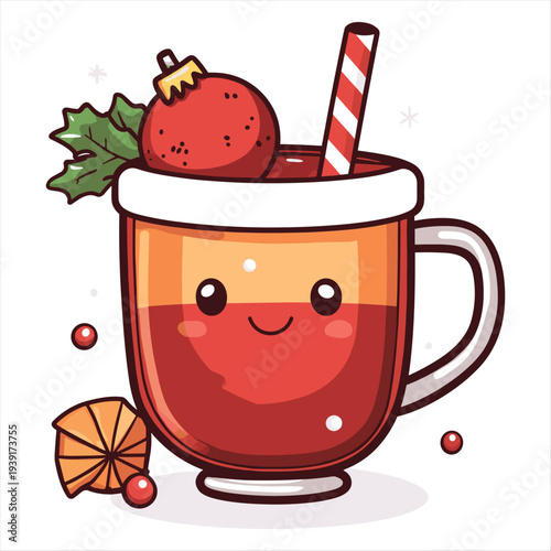 Cartoon illustration of a smiling mug of mulled wine with festive decorations