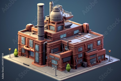 Stylized 3d model of a brick factory with smokestacks for industry concept