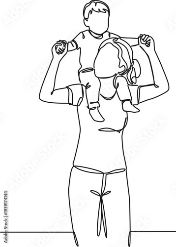 continuous line drawing of mother carrying young son on her shoulders, line art vector illustration