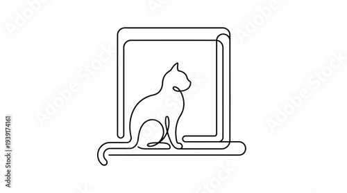 Single Continuous Line Cat Sitting on Windowsill Minimal Window Frame Vector Illustration