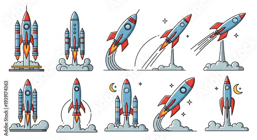 Collection of cartoon rockets launching into space with smoke and stars.